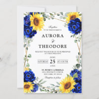 Royal Blue Rustic Sunflower Geometric Wedding  Inv
