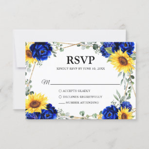 Royal Blue Rustic Sunflower Geometric Wedding  RSVP Card