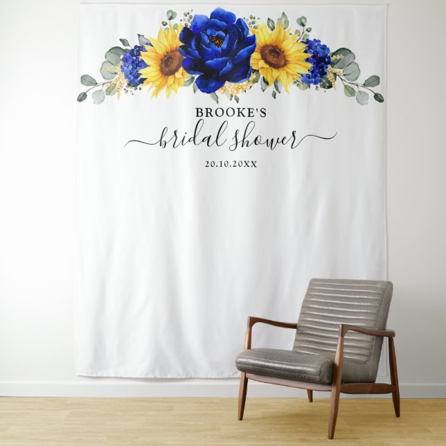 Royal Blue Rustic Sunflower Modern Bridal Shower Tapestry (In Situ)