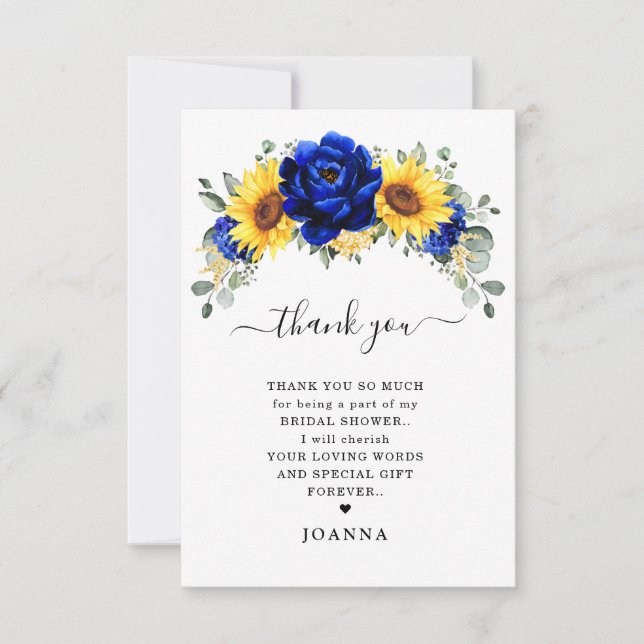 Royal Blue Rustic Sunflower Modern Bridal Shower Thank You Card (Front)