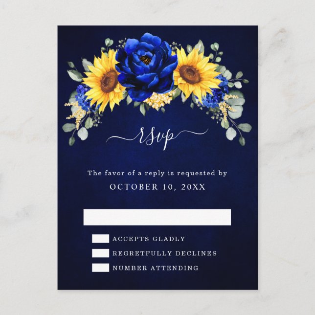 Royal Blue Rustic Sunflower Modern Floral RSVP Pos Postcard (Front)