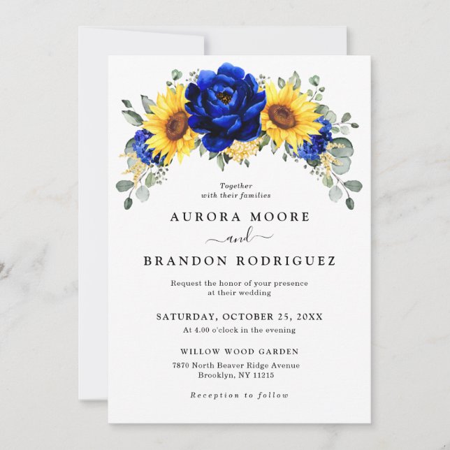 Royal Blue Rustic Sunflower Modern Floral Wedding  Invitation (Front)