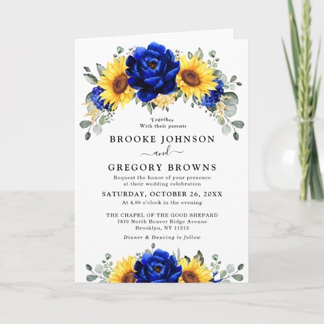 Royal Blue Rustic Sunflower Modern Floral Wedding  Invitation (Front)