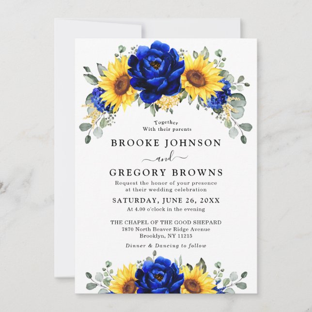 Royal Blue Rustic Sunflower Modern Floral Wedding  Invitation (Front)