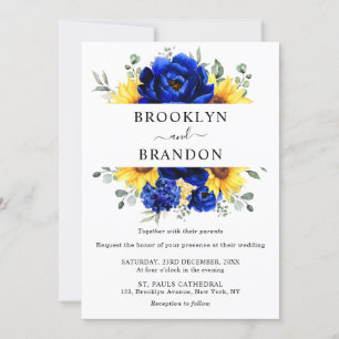 Royal Blue Rustic Sunflower Modern Floral Wedding  Invitation