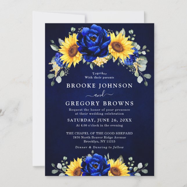 Royal Blue Rustic Sunflower Modern Floral Wedding  Invitation (Front)