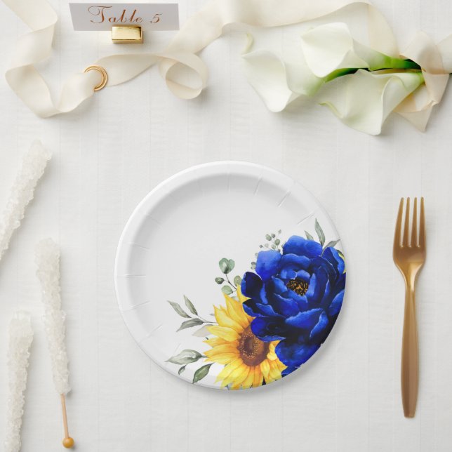 Royal Blue Rustic Sunflower Modern Floral Wedding  Paper Plate (Wedding)