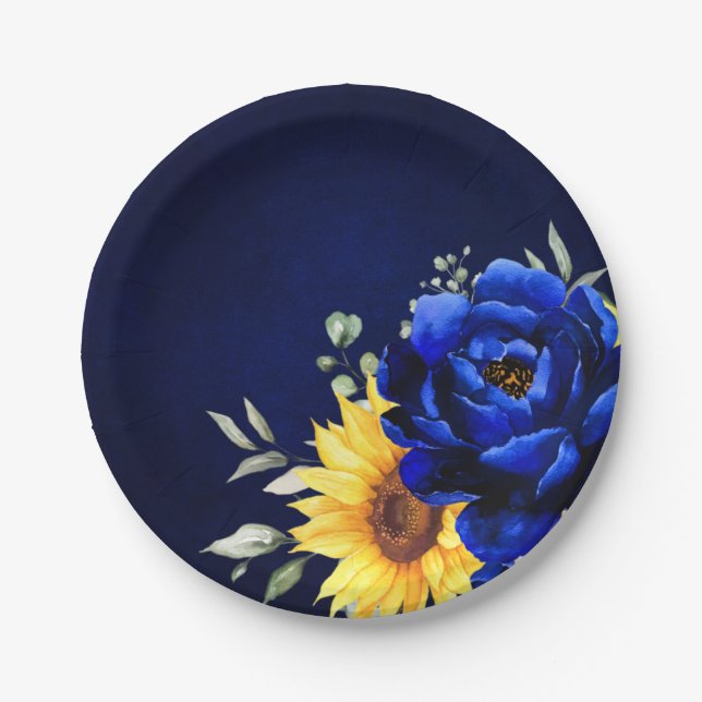 Royal Blue Rustic Sunflower Modern Floral Wedding  Paper Plate (Front)