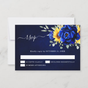 Royal Blue Rustic Sunflower Modern Floral Wedding  RSVP Card