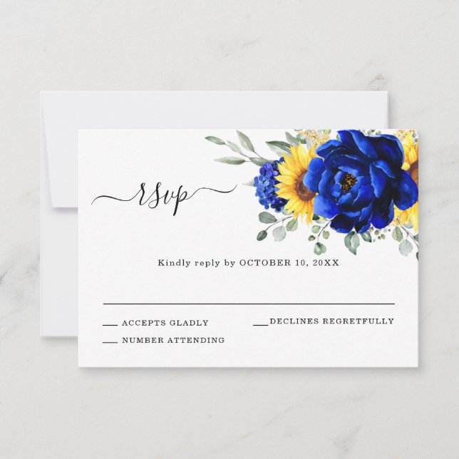 Royal Blue Rustic Sunflower Modern Floral Wedding  RSVP Card (Front)