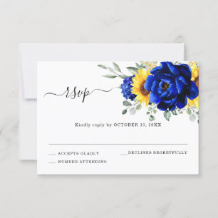Royal Blue Rustic Sunflower Modern Floral Wedding  RSVP Card