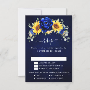Royal Blue Rustic Sunflower Modern Floral Wedding  RSVP Card