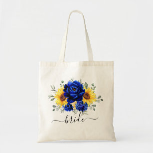 Royal Blue Rustic Sunflower Modern Wedding Bride Tote Bag