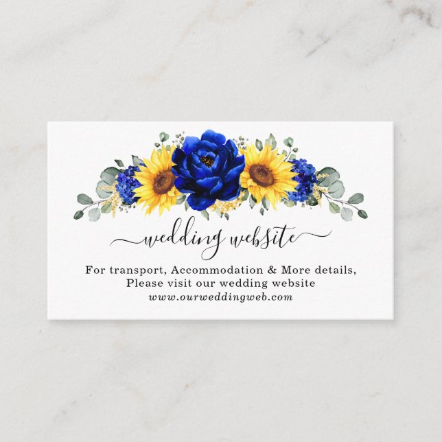 Royal Blue Rustic Sunflower Modern Wedding Website Enclosure Card (Front)