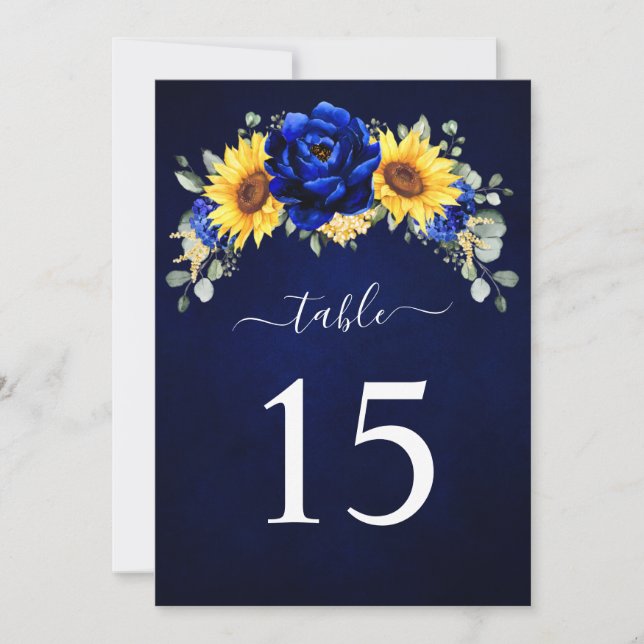 Royal Blue Rustic Sunflower Table Number Card (Front)