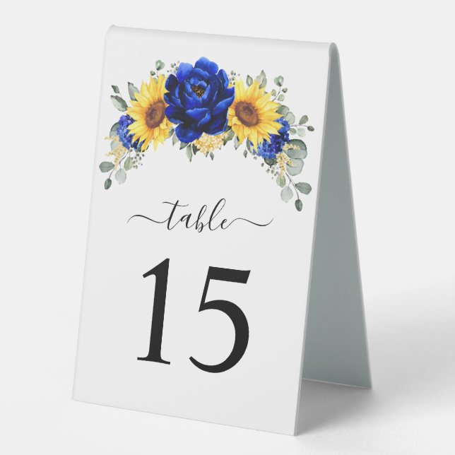 Royal Blue Rustic Sunflower Wedding Table Number (Front)