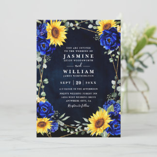 Royal Blue Rustic Sunflowers Chic QR Code Wedding Invitation