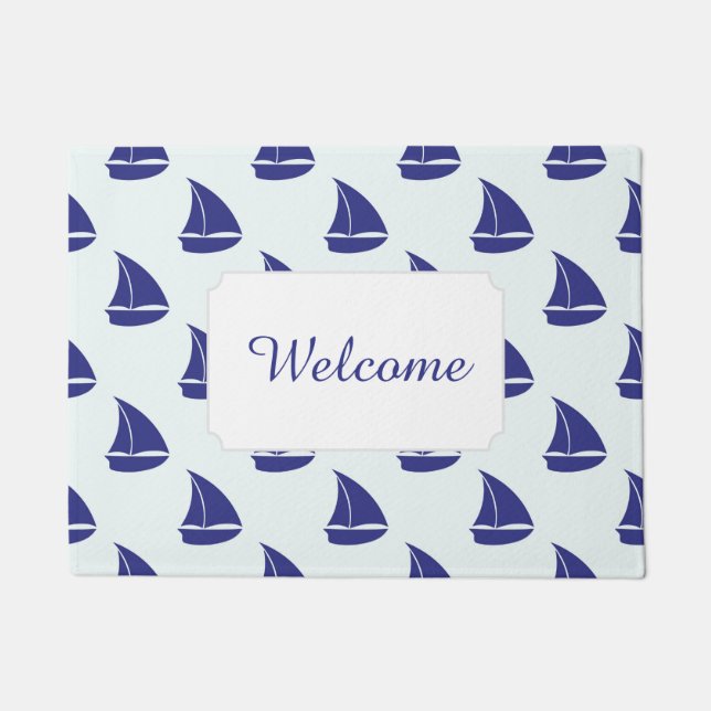 Royal Blue Sailboat Pattern | Add Your Text Doormat (Front)
