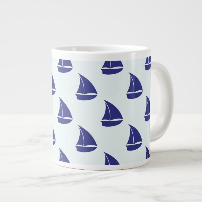 Royal Blue Sailboat Pattern Large Coffee Mug (Front Right)