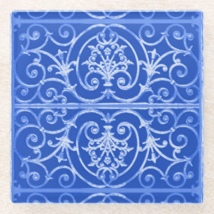 Royal blue scrollwork pattern glass coaster