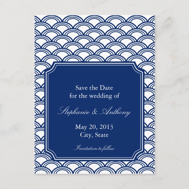 Royal Blue Seigaiha Pattern Wedding Save the Date Announcement Postcard (Front)