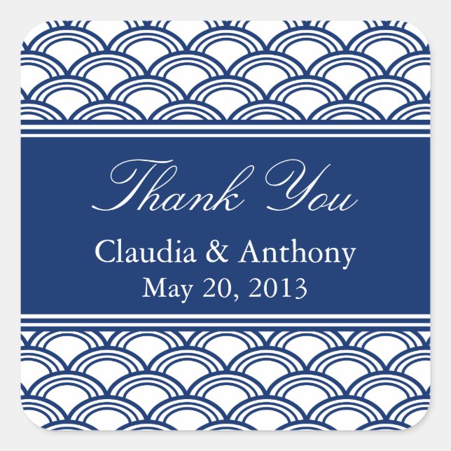 Royal Blue Seigaiha Pattern Wedding Thank You Square Sticker (Front)