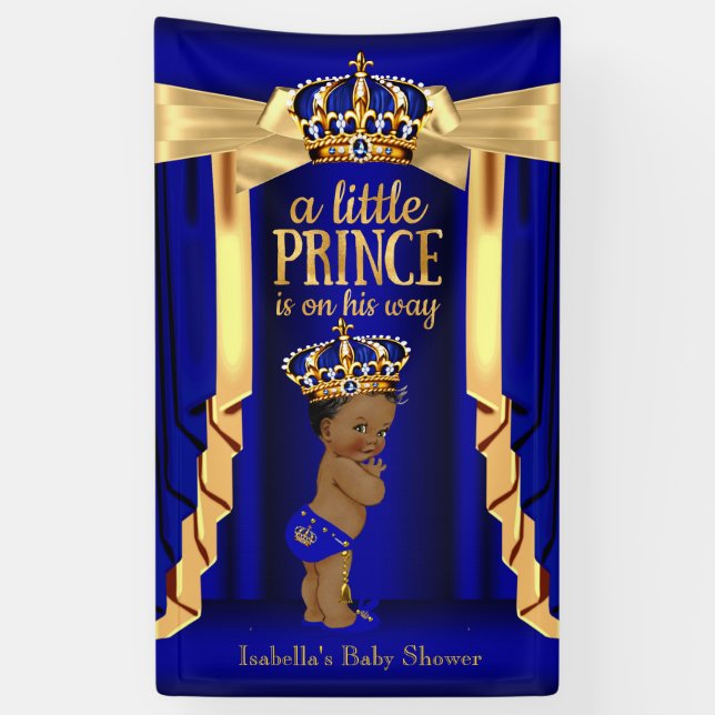 Royal Blue Silk Gold Crown Baby Shower Ethnic Banner (Vertical)