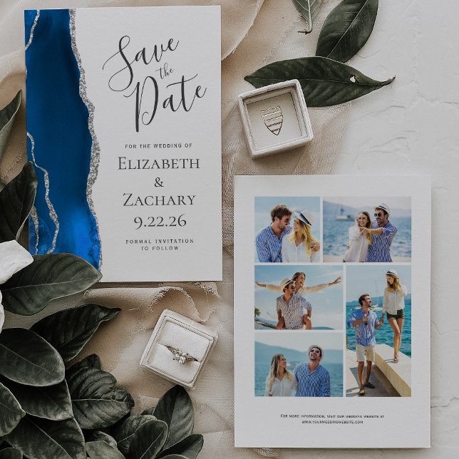 Royal Blue Silver Agate 5-Photo Save the Date Invitation (Creator Uploaded)