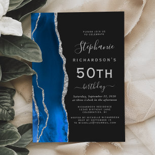 Royal Blue Silver Agate Dark 50th Birthday Party Invitation