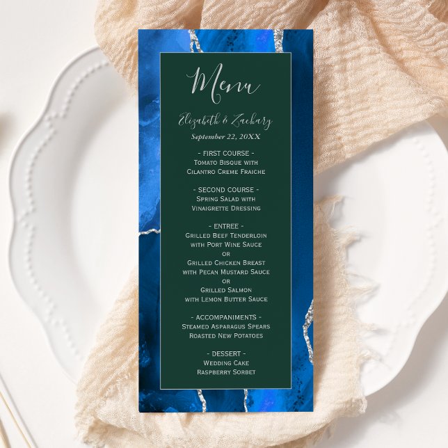 Royal Blue Silver Agate Emerald Green Wedding Menu (Creator Uploaded)