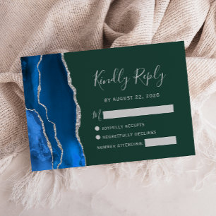 Royal Blue Silver Agate Emerald Green Wedding RSVP Card
