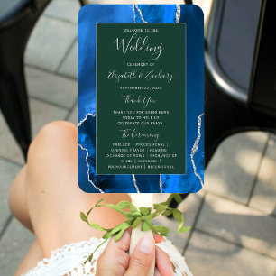 Royal Blue Silver Agate Green Wedding Program Hand Fan