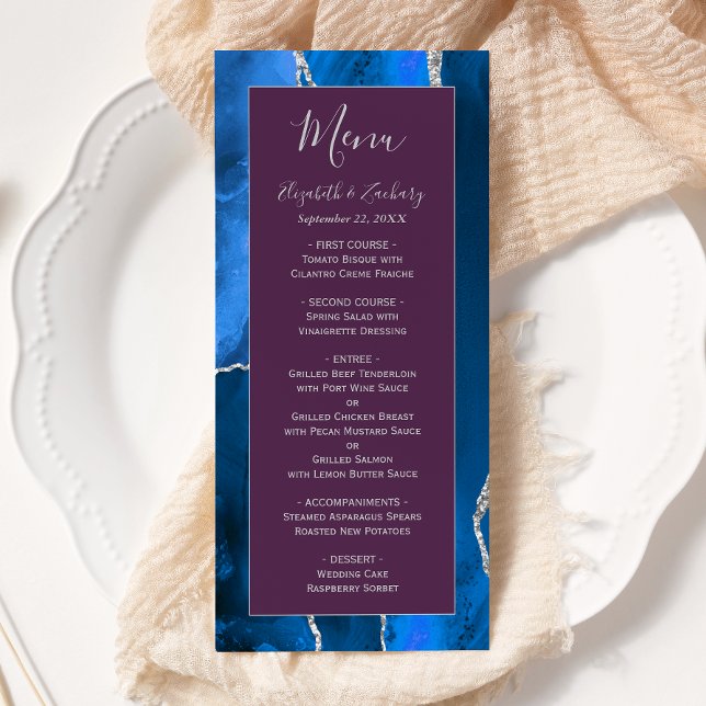 Royal Blue Silver Agate Plum Wedding Menu (Creator Uploaded)