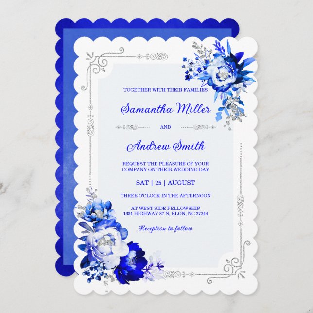 Royal Blue Silver and White Wedding Colours Invitation (Front/Back)