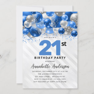 Royal Blue Silver Balloon Glitter 21st Birthday Invitation