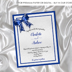 Royal blue silver bow budget wedding invitation flyer