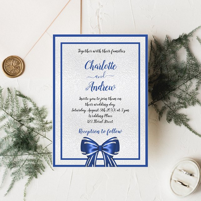 Royal blue silver bow elegant luxury wedding invitation (Creator Uploaded)
