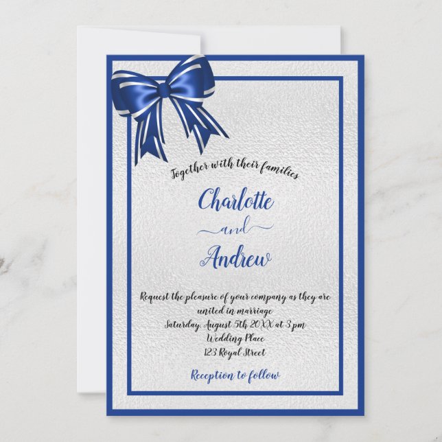 Royal blue silver bow metal elegant wedding invitation (Front)