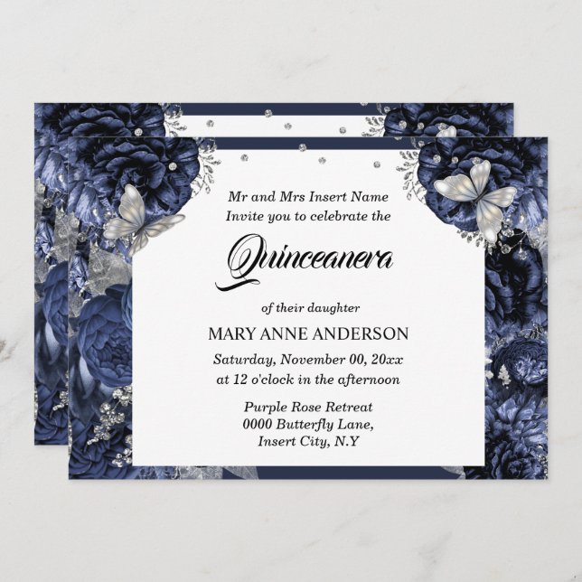 Royal blue silver butterfly chic rose quinceanera invitation (Front/Back)