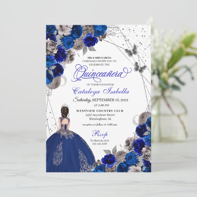 Royal Blue Silver Butterfly Princess Quinceanera Invitation (Standing Front)