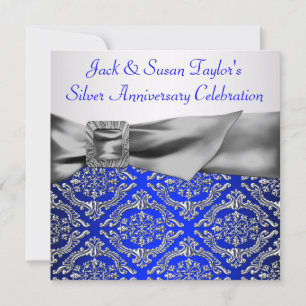 Royal Blue Silver Damask Silver 25th Anniversary Invitation