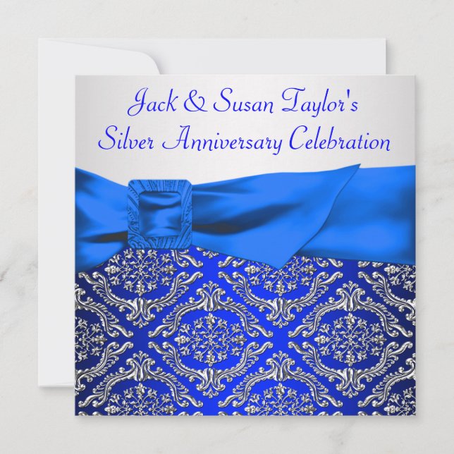 Royal Blue Silver Damask Silver 25th Anniversary Invitation (Front)