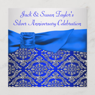Royal Blue Silver Damask Silver 25th Anniversary Invitation