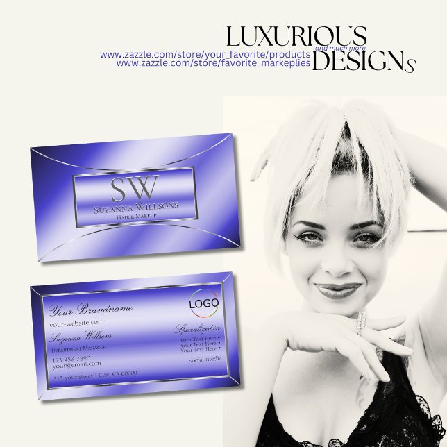 Royal Blue Silver Decor with Monogram and Logo Business Card (Creator Uploaded)