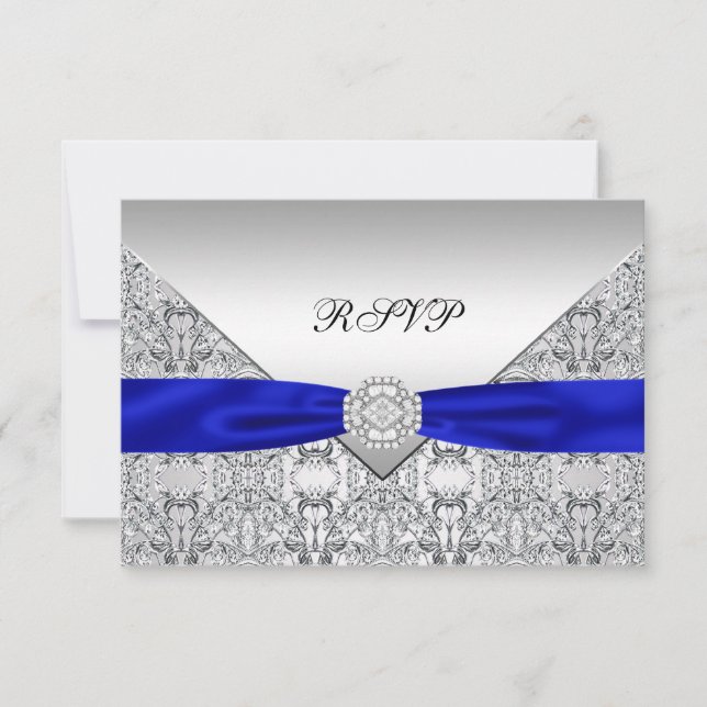 Royal Blue Silver Diamond Wedding RSVP Card (Front)