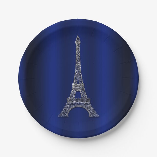 Royal Blue Silver Eiffel Tower Paris Chic Wedding Paper Plate (Front)