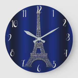 Royal Blue & Silver Eiffel Tower Paris Modern Glam Large Clock