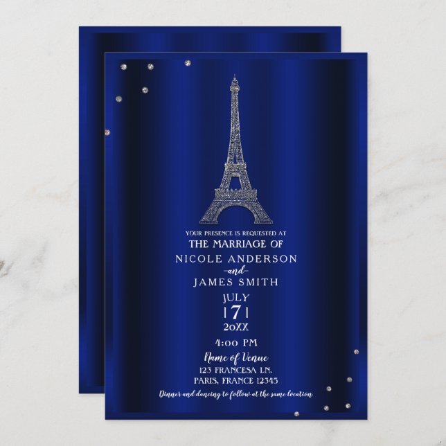 Royal Blue & Silver Eiffel Tower Paris Wedding Invitation (Front/Back)