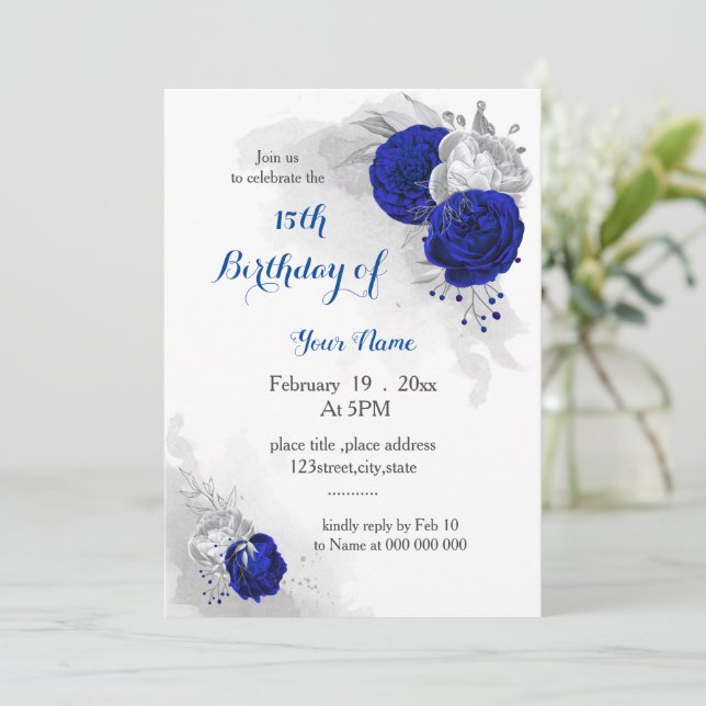 royal blue silver floral birthday invitation (Standing Front)