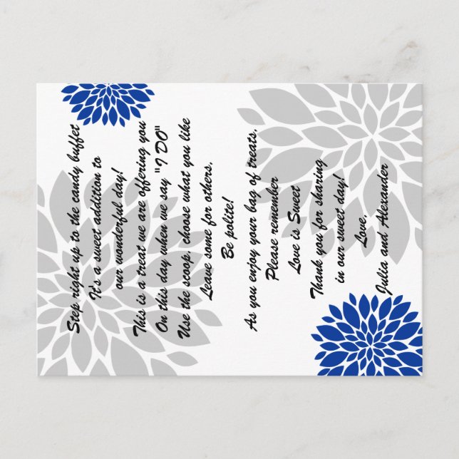 Royal Blue Silver Floral Burst Candy Buffet Cards (Front)